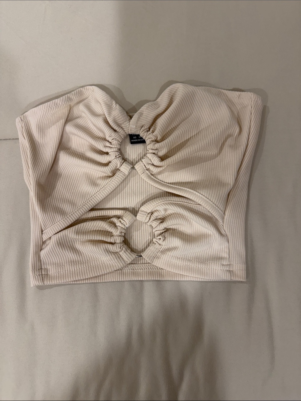 SHEIN Cream Ribbed Cutout Strapless Crop Top